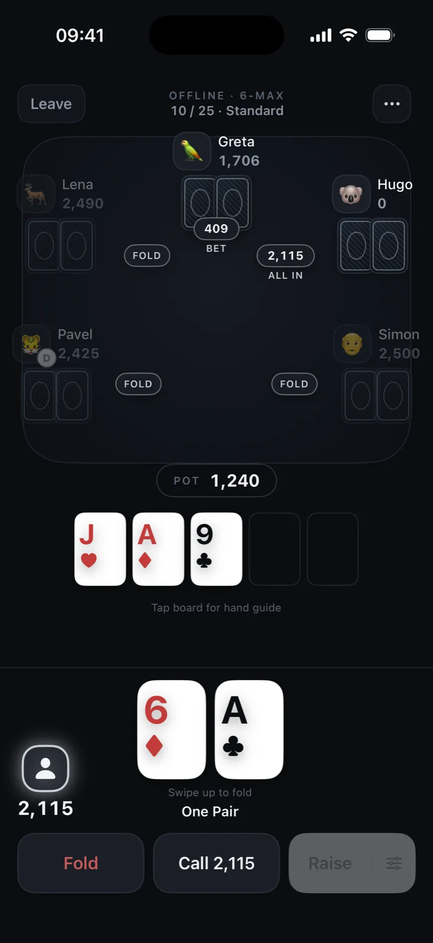 A six-handed offline Texas Hold'em table in portrait on iPhone, the flop dealt and the Fold, Call and Raise buttons along the bottom of the screen.