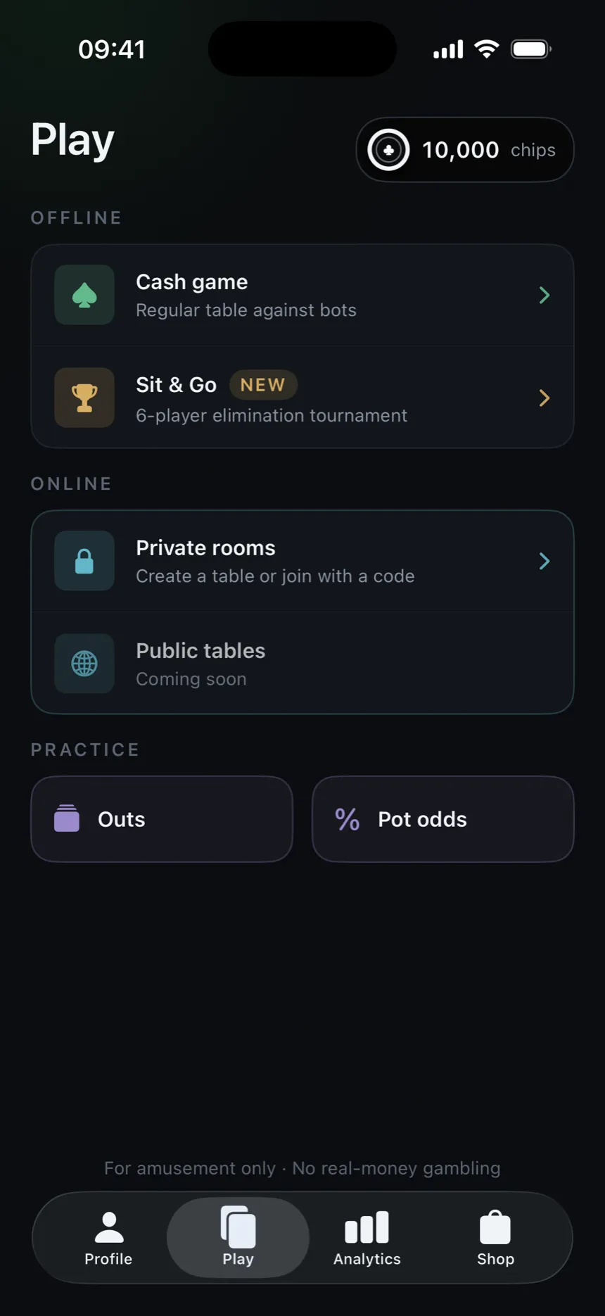 The Quiet Poker lobby on iPhone: an offline cash game, a six-player Sit & Go, private rooms joined with a code, and outs and pot-odds drills.