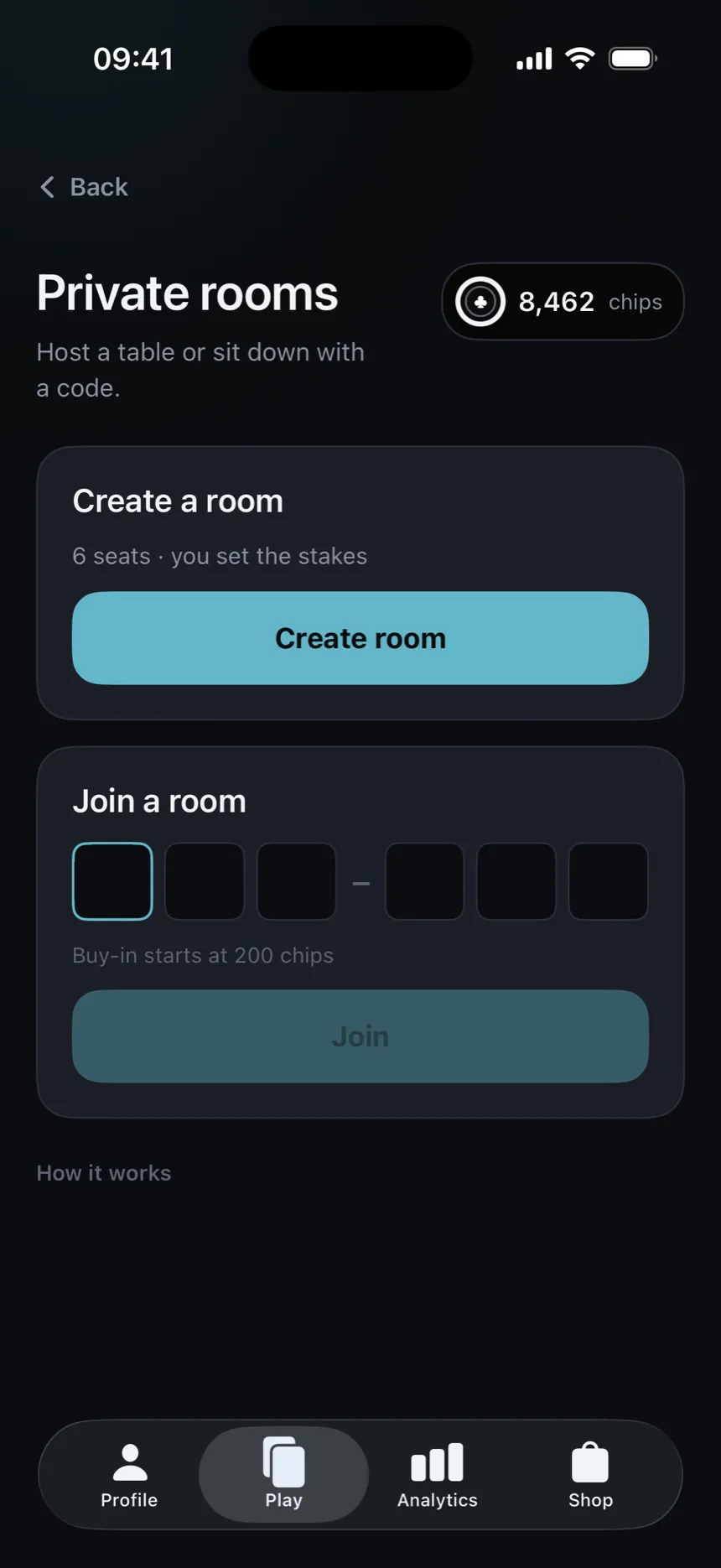 The private rooms screen, with a button to open a six-seat room and six boxes for typing a room code.