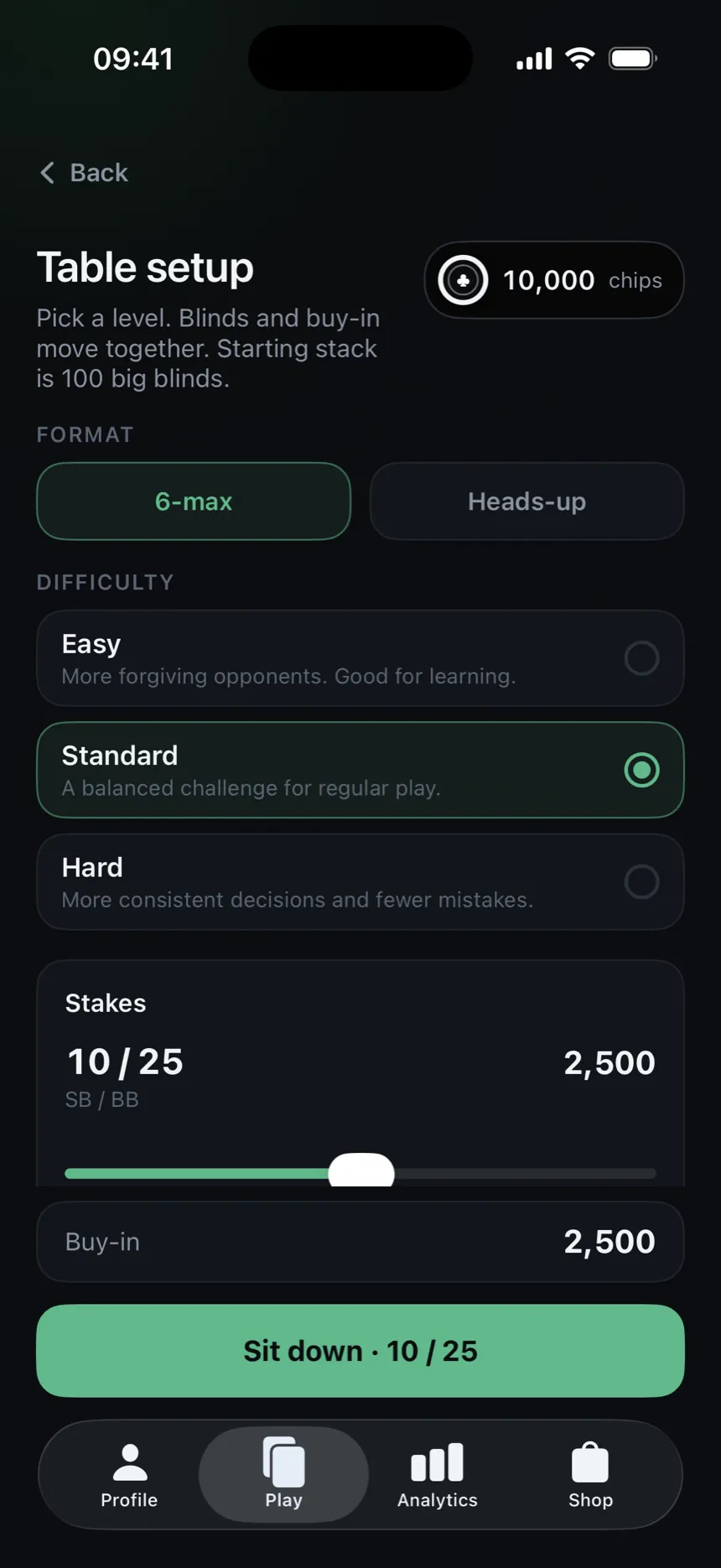 The table setup screen, offering six-max or heads-up, bots on Easy, Standard or Hard, and one slider that moves blinds and buy-in together.