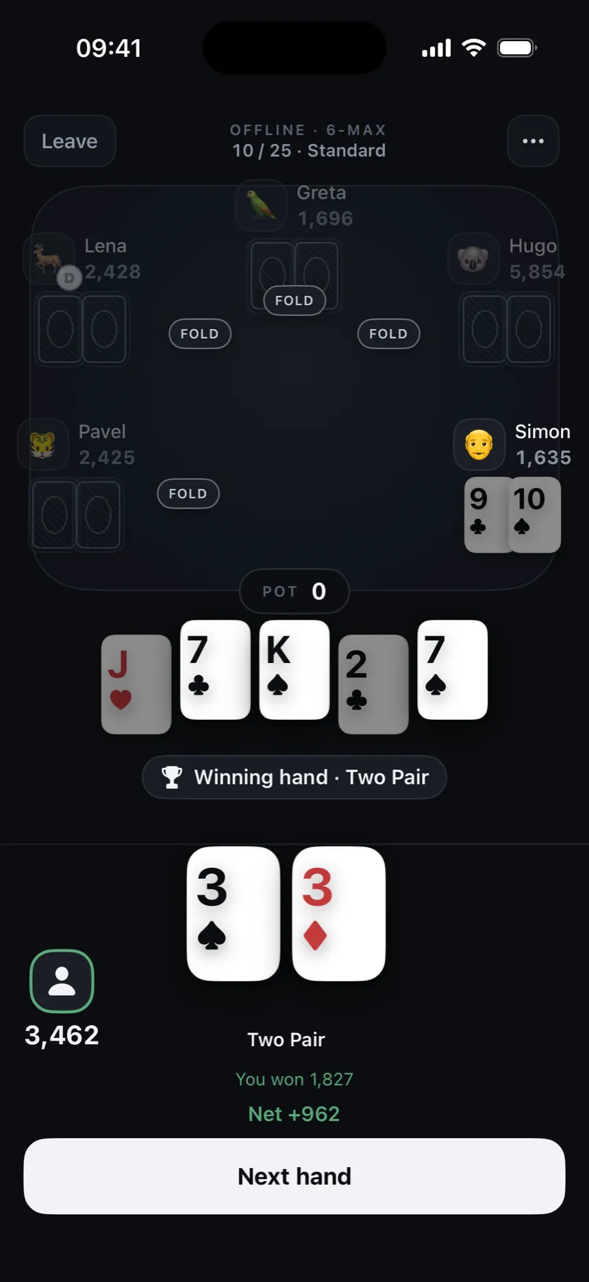 A Texas Hold’em showdown with the full board dealt, the winning hand named, and the amount won shown beneath the hole cards.