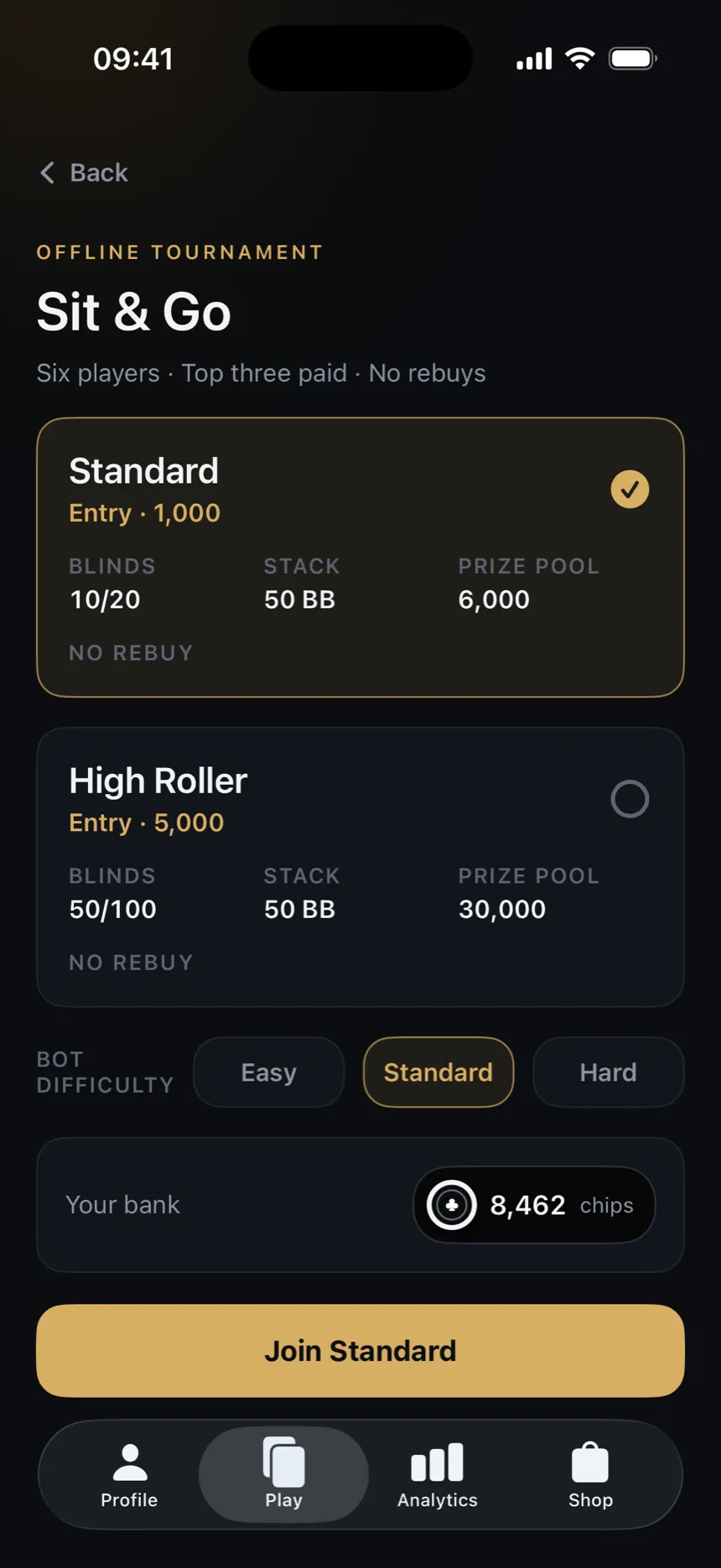The Sit & Go screen offering a Standard and a High Roller tournament, each showing its entry, blinds, starting stack and prize pool.