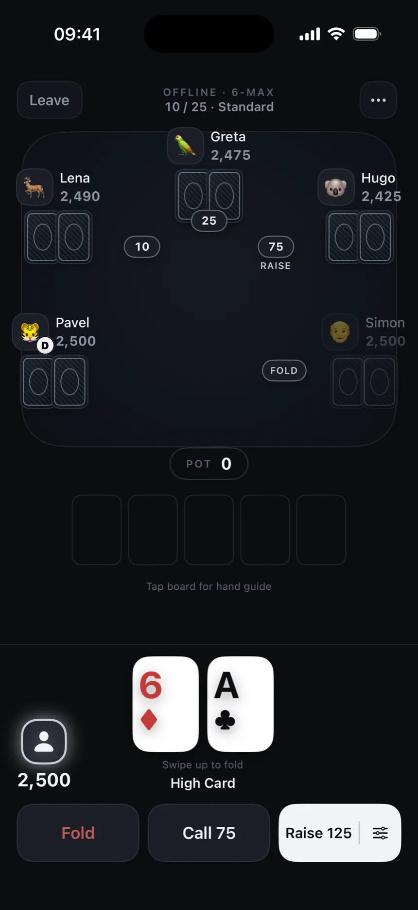 A six-handed Quiet Poker Texas Hold'em table in portrait on iPhone, with the Fold, Call and Raise buttons along the bottom of the screen.